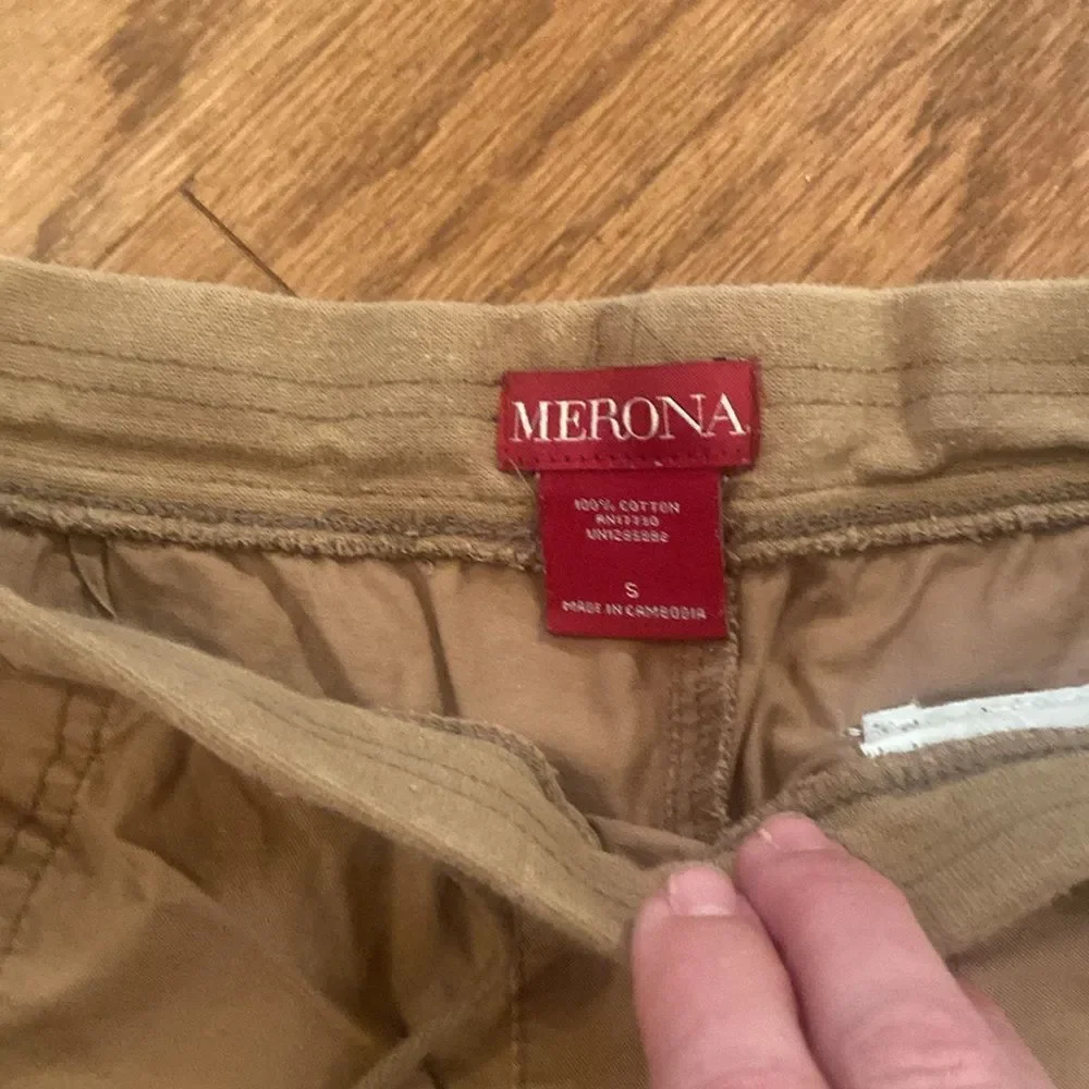 Merona size small tan shorts with pockets in the front, tie at waste
